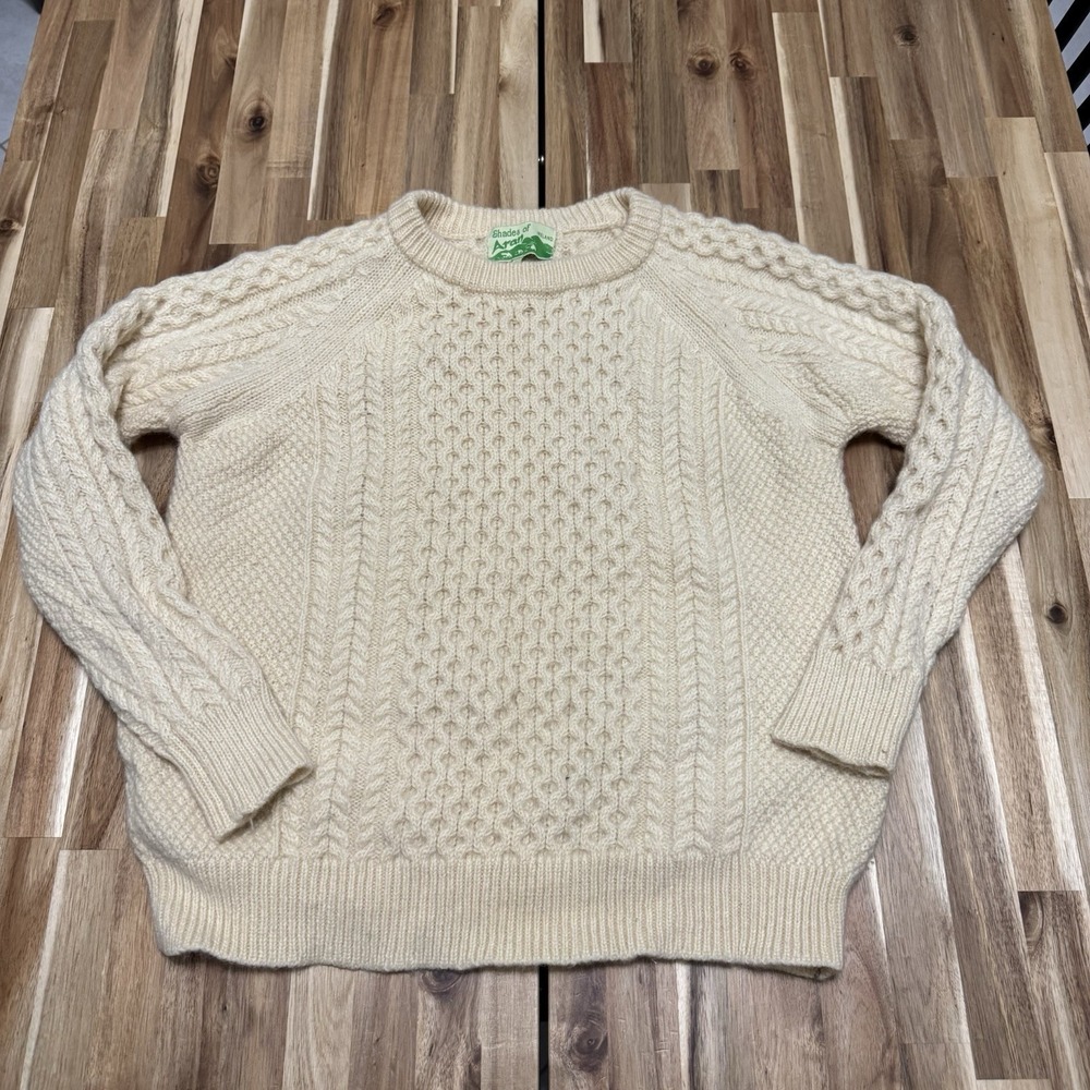 Shades Of‎ Aran Sweater Womens L Cream Fisherman Cable Knit Merino Wool Irealnd